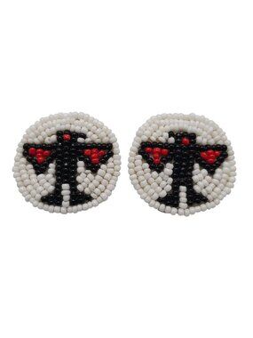 Beaded Thunderbird Stud Earrings White Leather Backing Tribal Design 1.5"